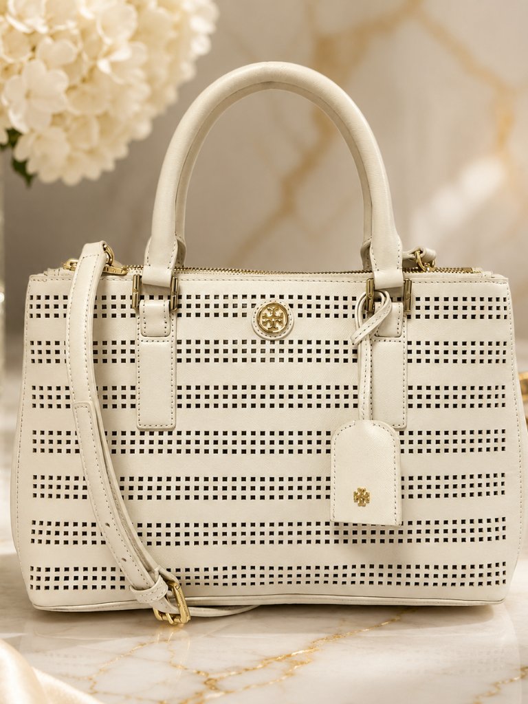Tory Burch Robinson Perforated Double Zip Tote Birch White Saffiano Leather